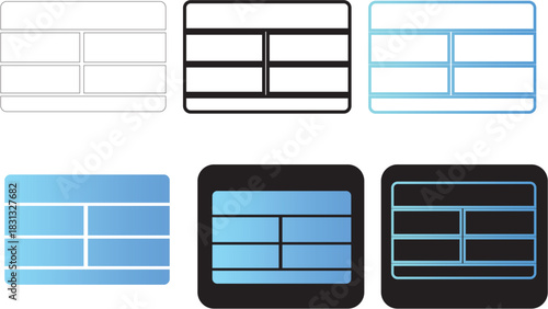 set of vector data table icons featuring minimalist flat line art and blue gradient styles for modern infographics and user interface design