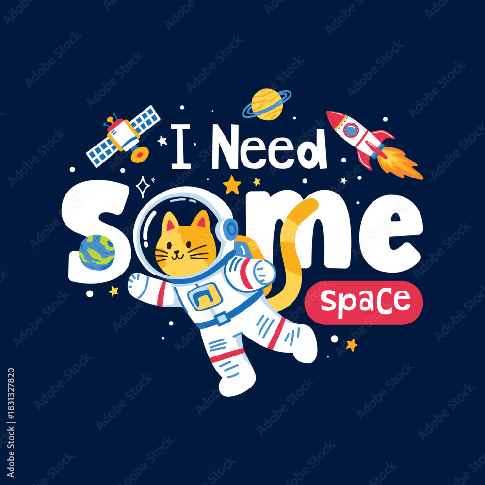 Obraz premium Space Cat Explorer Cartoon with Planets and Stars 