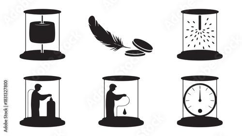 Physics experiment vector icons showing gravity and vacuum concepts isolated on white background