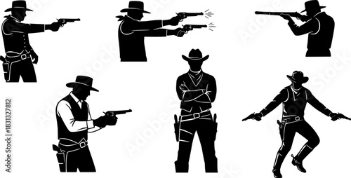 Cowboy Gunfighter Silhouettes In Icon Set. Western Action And Adventure Theme Collection. Entertainment And Historical Use. Isolated Vector Illustration 