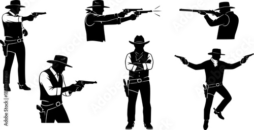 Cowboy Gunfighter Silhouettes In Icon Set. Western Action And Adventure Theme Collection. Entertainment And Historical Use. Isolated Vector Illustration 