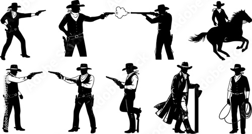 Cowboy Gunfighter Silhouettes In Icon Set. Western Action And Adventure Theme Collection. Entertainment And Historical Use. Isolated Vector Illustration 