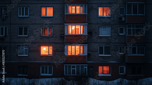Apartment building at night with glowing orange-lit windows contrasting against cold blue tones and snowy surroundings.