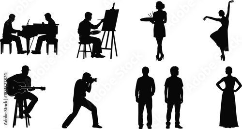 Creative arts and people professions silhouette vector set, musician, painter, ballet dancer, and photographer, collection of performers and artists engaged in various artistic careers illustration.
