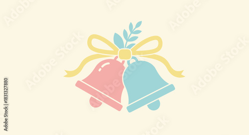 Illustration of two pastel bells, one pink and one blue, tied with a yellow ribbon and a green sprig, on a cream background.