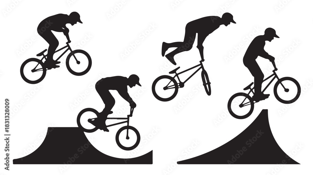 Obraz premium BMX rider silhouette performing stunts flat vector illustration of extreme sports isolated on white background