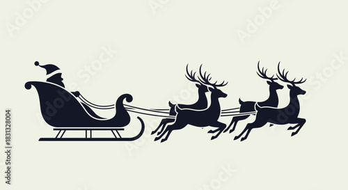 Silhouette of Santa Claus in his sleigh pulled by four reindeer, a classic Christmas holiday scene.