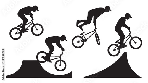 BMX rider silhouette performing stunts flat vector illustration of extreme sports isolated on white background