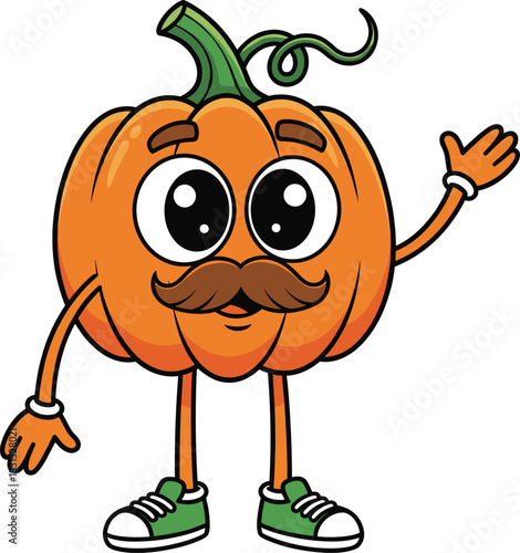 Cute Cartoon Pumpkin Character with a Mustache and Sneakers Waving Hello, Funny Vector Mascot Illustration for Halloween, Autumn, Thanksgiving, and Harvest Festival Themes