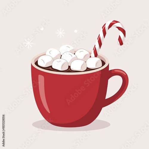A red mug of hot chocolate with marshmallows and a candy cane, surrounded by snowflakes.