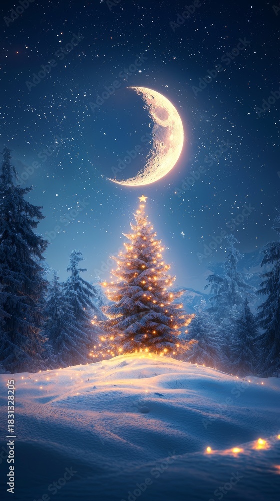 Naklejka premium Enchanting Winter Night: Illuminated Christmas Tree under a Crescent Moon