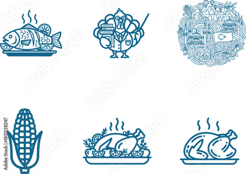 Festive Food and Culture Icons in Blue Outline Style Including Turkey Turkey Dish Istanbul and Corn Emblem Depicting a Diverse Thanksgiving Feast and Cultural Exploration