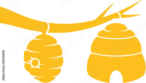 Vector illustration of two beehives hanging from a branch nature honeycomb abstract art vector