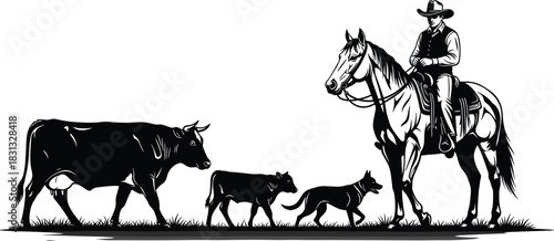 Detailed cowboy herding cattle illustration featuring rider on horse, farm animals, working dog, rural ranch scene, black vector silhouette design for western themes
