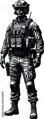 Detailed tactical soldier silhouette wearing modern combat gear and equipment, military special forces vector illustration for security themes, defense graphics, action design elements