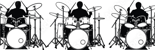 Drummer playing a full drum set in three different poses silhouette vector illustration collection, representing rock music, live concert performance, and percussion rhythm graphic.