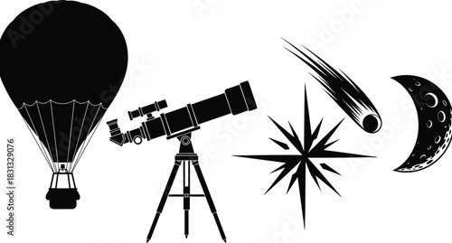 Astronomy exploration and sky observation vector illustration set, featuring a telescope, hot air balloon, crescent moon, star, and comet for scientific and adventure concepts.