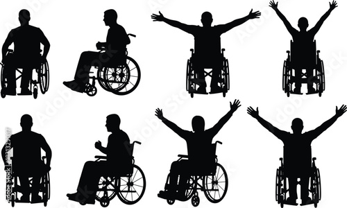 Diverse wheelchair user silhouettes in multiple dynamic poses, inclusive mobility vector illustration for accessibility, rehabilitation, disability awareness, 