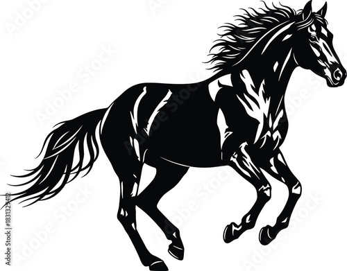 Dynamic running horse silhouette with flowing mane and powerful motion details, elegant equine illustration showcasing strength, speed, freedom and beauty in stylized vector artwork