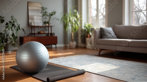 Bright living room interior prepared for a home workout with a silver exercise ball and a black yoga mat on the wooden floor. Healthy lifestyle concept.