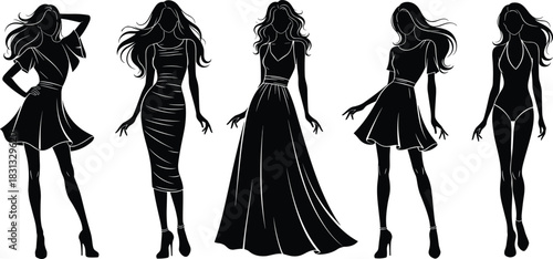 Elegant female fashion model silhouettes in various stylish outfits, flowing dresses, and modern poses, high-quality vector illustration for fashion design, 