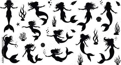 Fantasy mermaid silhouette collection with underwater elements, elegant aquatic characters for ocean mythology vector illustration, marine fantasy design, decorative sea-themed artwork elements