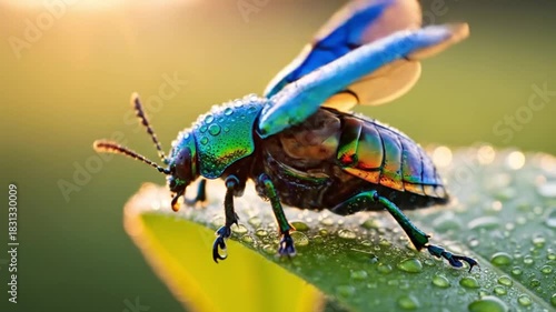 Iridescent green beetle taking flight from dewy leaf