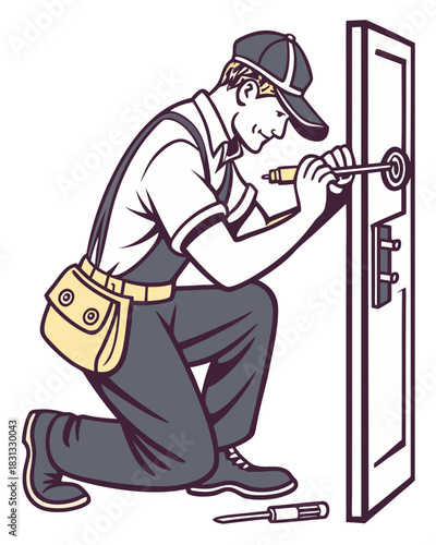 vector of a locksmith kneeling and adjusting door lock with tools, wearing cap and tool belt, isolated on white
