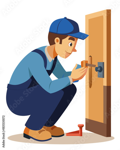 vector of a locksmith kneeling and adjusting door lock with tools, wearing cap and tool belt, isolated on white

