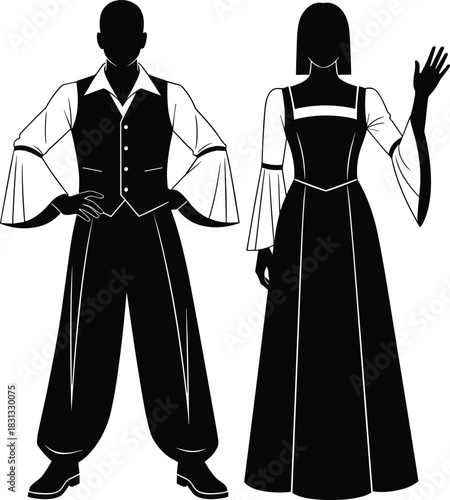Black vector silhouette of a couple in stylized Renaissance or period peasant clothing with wide sleeves and trousers, suitable for historical and fantasy themes illustration