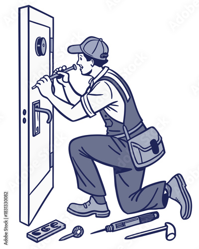 vector of a locksmith kneeling and adjusting door lock with tools, wearing cap and tool belt, isolated on white
