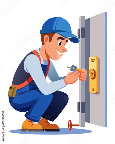 vector of a locksmith kneeling and adjusting door lock with tools, wearing cap and tool belt, isolated on white
