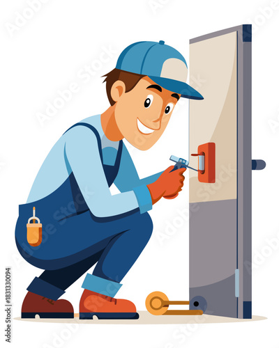 vector of a locksmith kneeling and adjusting door lock with tools, wearing cap and tool belt, isolated on white
