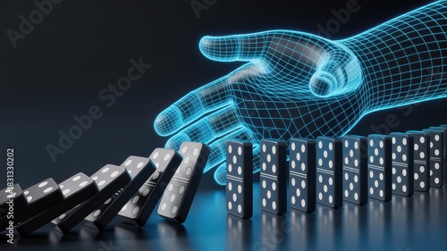 Futuristic hologram hand stopping falling domino effect concept of artificial intelligence risk control decision making and crisis prevention