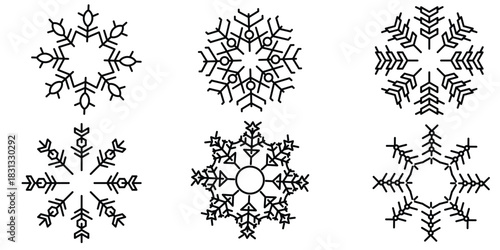 Snowflake variations icon collection. Snowflake icons set. Snowflake symbols. Snow icon. Frost winter background. Snowflakes ice crystal isolated. Vector illustration
