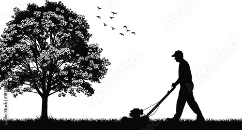 Gardener man silhouette mowing the lawn grass with a push lawnmower machine beside a large shady tree, professional landscaping and garden maintenance vector illustration.
