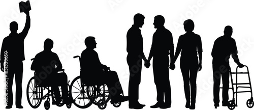 Group of diverse people black silhouette vector illustration, disability inclusion, man in wheelchair, elderly with walker, couple holding hands, community diversity, isolated on white background.