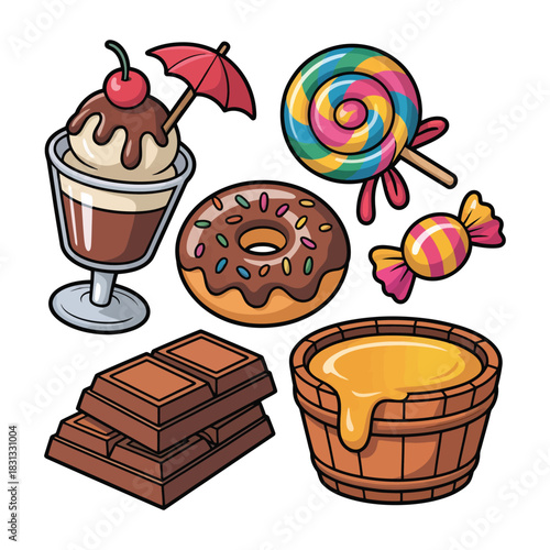 Tasty Cartoon Food Clipart Collection Ice Cream Sundae Giant Lollipop Chocolate Donut Hard Candy Honey Wooden Bucket