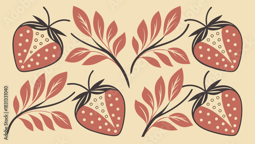 Seamless vintage floral pattern with summer  leaves and strawberries vector illustration design