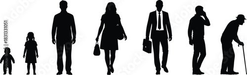 Human Life Cycle Silhouettes from Baby to Elderly Senior with Cane, Detailed Vector Collection Showing Stages of Growth, Aging Process, and Development Concepts