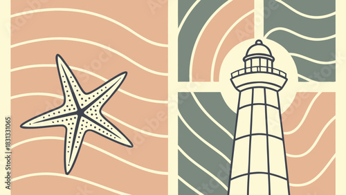 Illustration of a towering mosque minaret overlooking the light and starfish, blending architecture and landscape under the sky