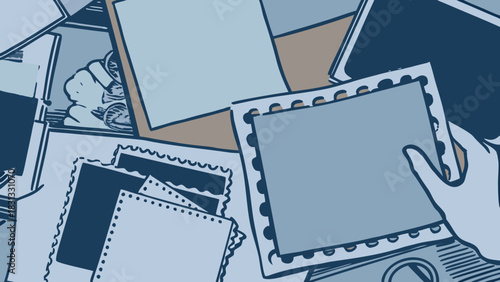 Vintage blue denim jeans pattern vector illustration with blank frame border for retro photo album design