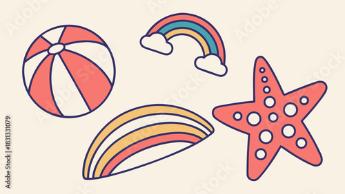A colorful vector illustration set of sea shells, sea stars, and other marine elements for summer holiday design concept