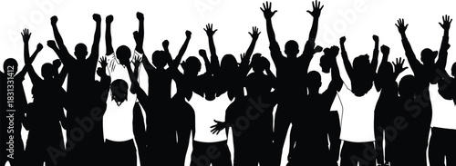 Large crowd of diverse people silhouette cheering loudly with raised hands, representing celebration, concert, political protest, football fans, or joyful crowd vector illustration.