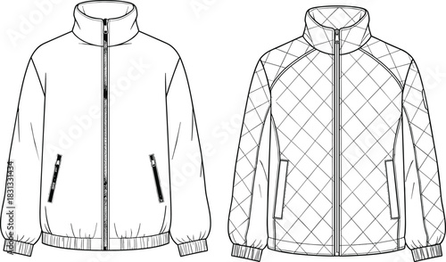 Bomber Jacket and Diamond Quilted Technical Fashion Illustration Drawing Vector Mockup for Designer Apparel Clothing CAD Template Technical Flat