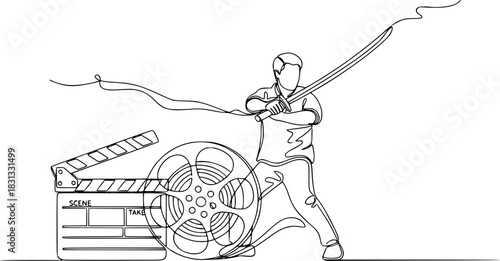 Man with sword posing in action scene near film reel and clapperboard, concept of single line outline vector 