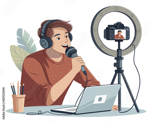vector of a content creator speaking into a camera with microphone, ring light and laptop behind, isolated on white
