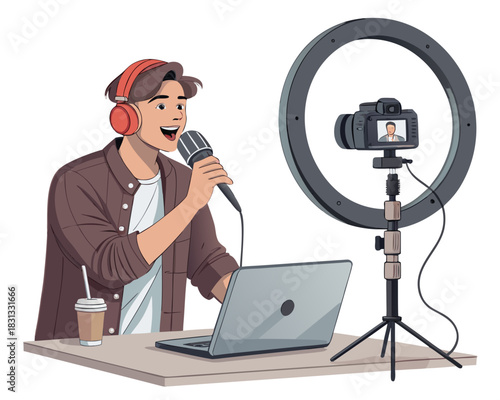 vector of a content creator speaking into a camera with microphone, ring light and laptop behind, isolated on white
