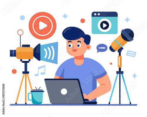 vector of a content creator speaking into a camera with microphone, ring light and laptop behind, isolated on white
