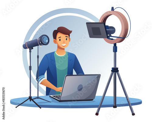 vector of a content creator speaking into a camera with microphone, ring light and laptop behind, isolated on white
